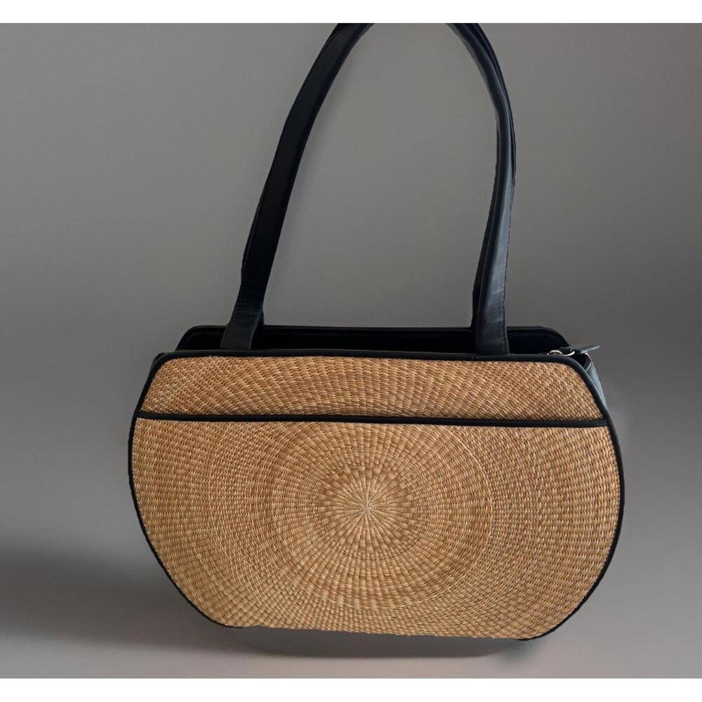 Dokkim Woven Straw Raffia Leather Beige /tan Handbag Large Round 313L NWT